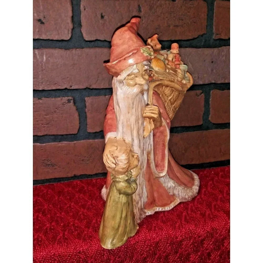 Vintage Antique Santa Figure w Child & Bag of Toys Ceramic Neutral colors RARE